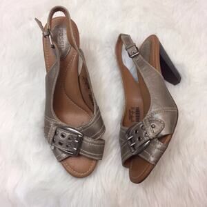 Fossil  9 Womens Taupe Metallic Slingback Buckle Stacked Heels